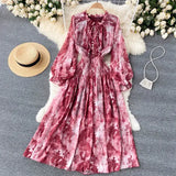 Autumn Women Blue/Red/Black Printed Party Dress Bohemian Puff Long Sleeve High Waist Ruffle Collar Midi Robe Female Vestidos