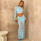 Toloer Women's Wear 2024 See-Through Round Collar, High Waist, Long Sleeve, Fanny Pack Hip Skirt, Two-Set Lace Skirt-Outfit