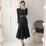 Korean Autumn Women 2 Piece Set Office OL Elegant Square collar Puff Sleeve Crop Tops+High waist Mermaid Bodycon Skirt
