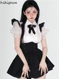Skirt Suit Korean Two Piece Set for Women Ruffles White Puff Sleeve Shirt Tunic Bandgae Strap Skirts Outfits Y2k