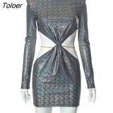 Sexy Hollow Out Sequin Women Dress Silver Long Sleeve Metal Chain Dress Female Autumn Skinny Elegant Party Clubwear