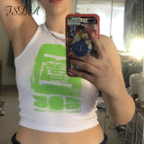 2021 Green Y2K Print Casual Crop Top Women Sleeveless Summer Blue T Shirts Off Shoulder Sexy Tank Tops Vintage