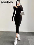 Sleeve Black Knit Dress Autumn winter Tight Cutout Sexy Slit Midi Dress 2000s Long Maxi Womens Dresses New Arrival