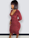 Casual Velvet Ruched V Neck Long Sleeve Bodycon