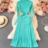 Women Pleated Knitted Dress Turtleneck Long Sleeve Elastic Slim Pencil Dress Autumn Winter Sexy Bodycon Sweater