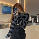 Striped BF Women Sweaters O-neck Pullovers Knitted Jumpers Loose Sexy Sweet Students Streetwear Fashion Stylish