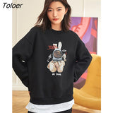 Women Sweatshirts Spring Winter O Neck Loose Pullovers Fake Two Piece Rabbit Print Cotton lined Chic Casual