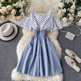 Women Dress Dot Patchwork Bow Tie V Neck Sexy Strapless Vestidos Femme Stretch High Waist A-line Dresses 2022 New