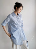 Women Blue Pleated Bandage Big Size Blouse New Lapel Long Sleeve Loose Fit Shirt Fashion Tide Spring Autumn 2023
