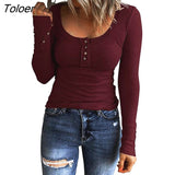 Women T-shirt Solid Color Buttons Long Sleeves Pullover Scoop Neck Warm Simple Style Soft Lady Spring Top Female