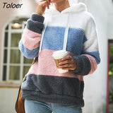 Women Hoodies Sweatshirt Striped Patchwork Ladies Long Sleeve Pullover Plush Top Autumn Winter Female Warm Clothing