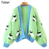 Bohemian Women Cardigan Tops three-dimensional Pattern Hand knitted Sweater V-Neck Puff Sleeve Loose Winter Sweaters