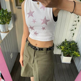 00s Harajuku Tank Tops Y2k Aesthetics Pink Star Print Crop Tops Kawaii Japanese Cute Tops Korean Grunge Slim Tanktop