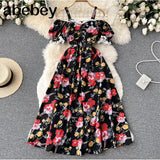 Women Casual Summer Female Fashion Strap Dress Slash Neck Korean Floral Sundress Ladies Lace Party Beach Long