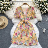Summer Vintage Women Pleated Chiffon Dress Elegant Floral V-Neck Short Sleeve High Waist Draped A-Line Vestidos Female New