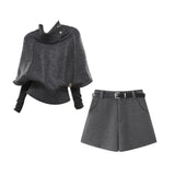 Old Money Style High-Neck Knitted Cloak Sweater With Gray Shorts Autumn Two