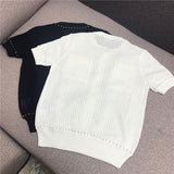 Women Golden Button Hollow Out Knitting Tops + Wide Leg Pants 2Pcs Sets Casual Short Sleeve Tops Knitwear Trousers
