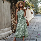 New Long Dot Vacation Style Print Dress Women Lace Up High Waist O Neck Big Swing Dress New Fashion Summer Sleeveless