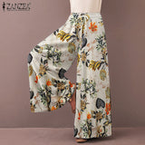 ZANZEA 2022 Kaftan Printed Pants Women's Wide Leg Trousers Elastic Waist Long Pantalon Palazzo Casual Floral