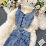 Kong Style In Women's Clothing Set 2025 New Female Sense Short Sling Vest High-Waisted Denim Skirt