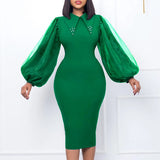 Women's Spring And Autumn Long-Sleeved Large-Size Bag Hip Nail-Bead Mesh Splicing Commuter Pencil Skirt