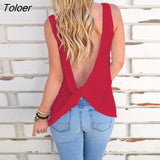 New Backless Summer Blouse Women Sexy Sleeveless Open Back Cross Blouse Bow Tops Tee Blouse Femme Camisetas