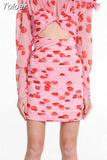 Vintage Print Floral Mini Dress For Women Round Neck Long Sleeve Cut Out High Waist Pleated Dresses Female 2023 Clothing