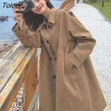 Trench Women High Waist Turn-down Collar Double-breasted Vintage French Style Ladies Spring Fall Overcoat New