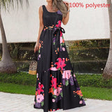 Print Bohemian Long Dress Celmia Women 2022 Summer Elegant Sleeveless Beach Maxi Sundress Casual Belted Party