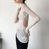 Sexy Irregular Designer Clothes Women See Through Long Sleeve Tee Shirt Female Hollow Out Slim T-shirt Tight