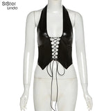 Sisterlinda Sexy Punk Y2K Black PU Leather Crop Top Womens Sleeveless Deep V Neck Backless Camisole Fashion Party Club