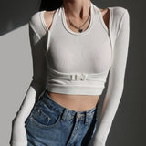Sexy Slim Long Sleeve T-shirts Hollow Out Crop Top Women Tunics Kpop Button Patchwork T Shirt Fake Two-piece