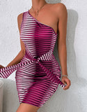 Printed Sexy One Shoulder Sleeveless Geometric Print Belted Mini Club