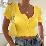 V Neck Ruffles Short Sleeve T Shirt Women Summer Casual Button Crop Top Basic Blue Pink T Shirt