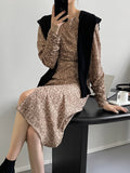 Women's Floral Shoulder Pad Hollow Out Ruched Dress Long Sleeve Slit Hems Casual Midi