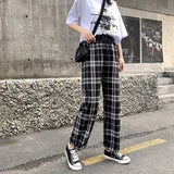 Korean Style Wide Leg Pants Women Streetwear Thin Summer Plaid Pants Oversize Female Checkered Trousers High