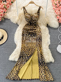 Sexy Leopard Spaghetti Strap Long Dress Summer Women Sleeveless Strapless High Waist Split Bodycon Vestidos Female Draped