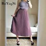 Women Pleated Midi Skirt High Waist Belt Korean Plus Size Spring Summer 2020 Casual Elegant Skirts Ladies Fashion