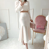 Korean Autumn Women 2 Piece Set Office OL Elegant Square collar Puff Sleeve Crop Tops+High waist Mermaid Bodycon Skirt
