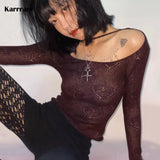 Y2k Aesthetics Heart Embroidery Tops Grunge Harajuku Hollow Out T-shirt Knit Full Sleeve Slim Tshirt See Through