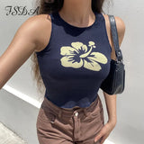 2021 Green Y2K Print Casual Crop Top Women Sleeveless Summer Blue T Shirts Off Shoulder Sexy Tank Tops Vintage