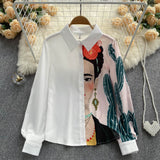 Women Print Spliced Long Blouse Casual Long Sleeve Button Loose 2022 Autumn Streetwear French Office Lady Fashion