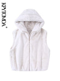Women Fashion Front Pockets Faux Fur Hooded Waistcoat Vintage Sleeveless Zipper-up Female Outerwear Chic Vest