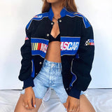 Spring Autumn Fashion Sports Baseball Style Blue Letter Print Stand Loose Jacket Coat Women Harajuku Plus Size