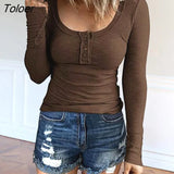 Women T-shirt Solid Color Buttons Long Sleeves Pullover Scoop Neck Warm Simple Style Soft Lady Spring Top Female