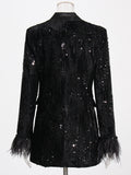 Solid Patchwork Feather Blazer For Women Notched Long Sleeve Sequins Temperament Blazer Female Autumn Fashion 2023