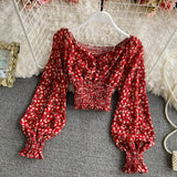 Wooden Ear Print Blouse Holiday Beach Style Slim Fit Pleat Blusas Square Collar Off Shoulder Chiffon Shirt