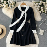 Fashion Bow Women Knitted Dress Contrast Long Sleeve Single Breasted Slim 2022 Autumn Elastic Streetwear A Line