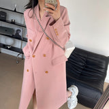 Lapel Flap Detailed Double Breasted Elegant Long Blazer Black / Pink / Houndstooth / Khaki Jacket