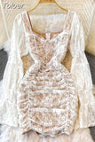 Summer Sexy Floral Lace Mini Party Dress Women Sweet Square Collar Hollow Out Flare Sleeve Empire Ruched Bodycon Club